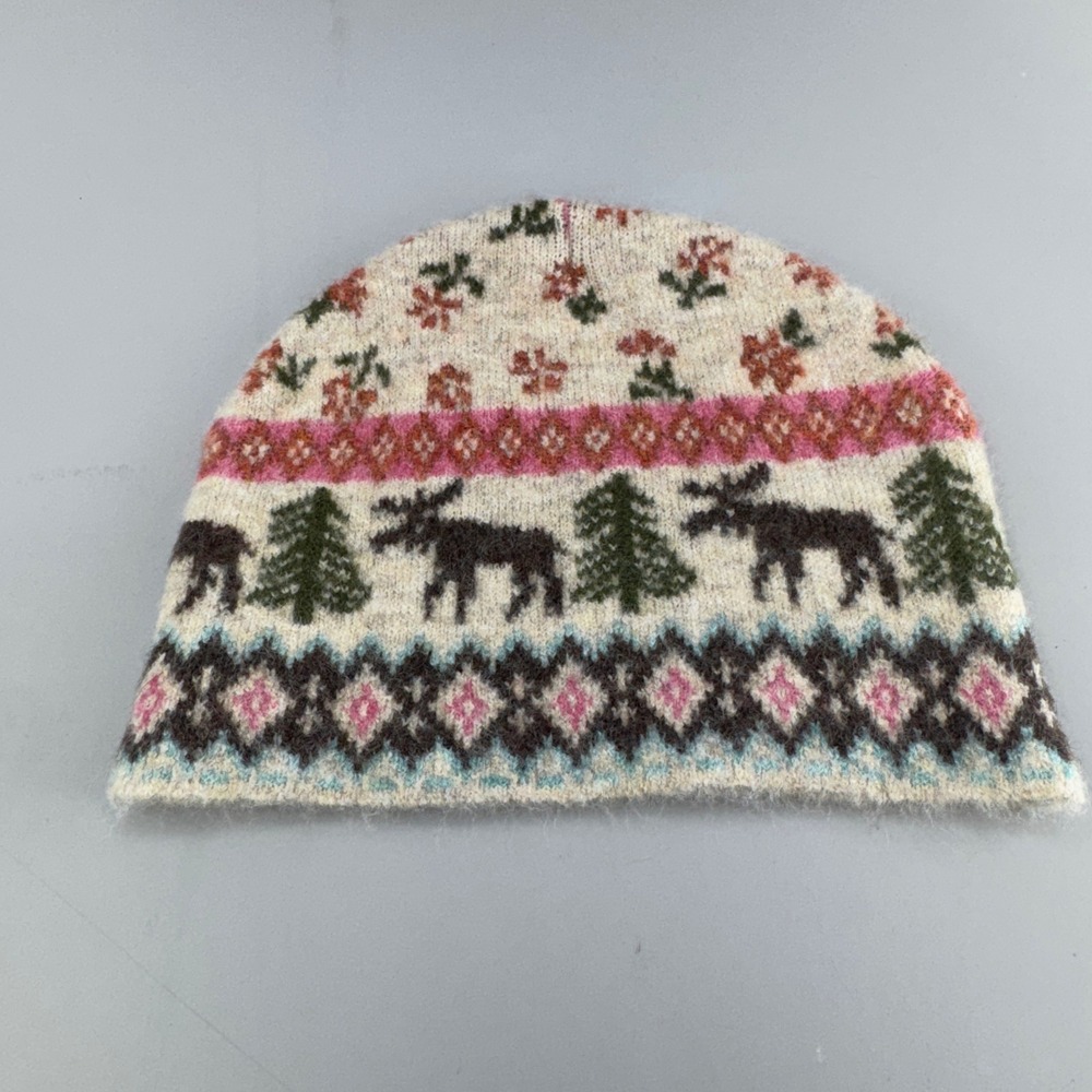 Natural Life Beanie One Size Cream Moose Fair Isle Floral Boho Knit Hat - Picture 2 of 6
